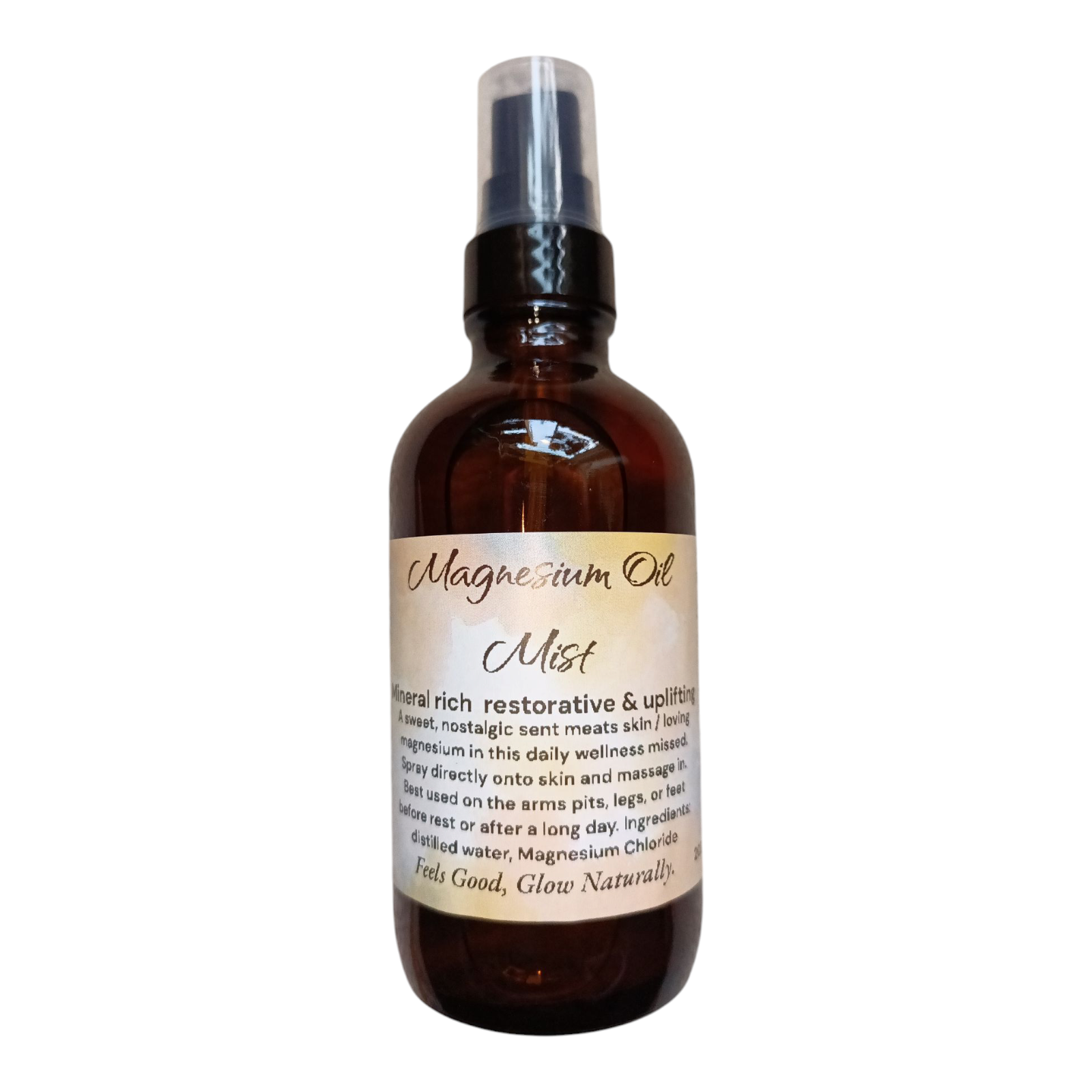 4 oz Boston dark spray bottle with a label that's yellow and white marbles color that reads magnesium oil mist on a white backdrop