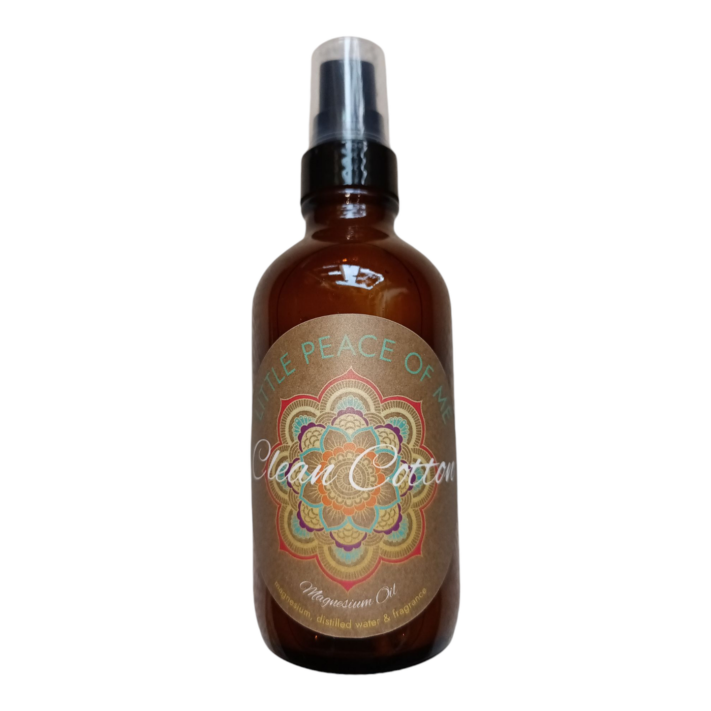 4 oz dark Boston spray bottle with a tan label that reads little piece of me clean cotton magnesium oil sitting on a white backdrop