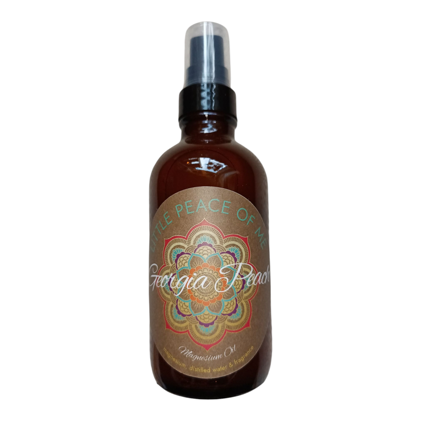 4 oz Brown Boston spray bottle with a label that's tan with a logo that says Little piece of Me Georgia peach magnesium oil on a white backdrop