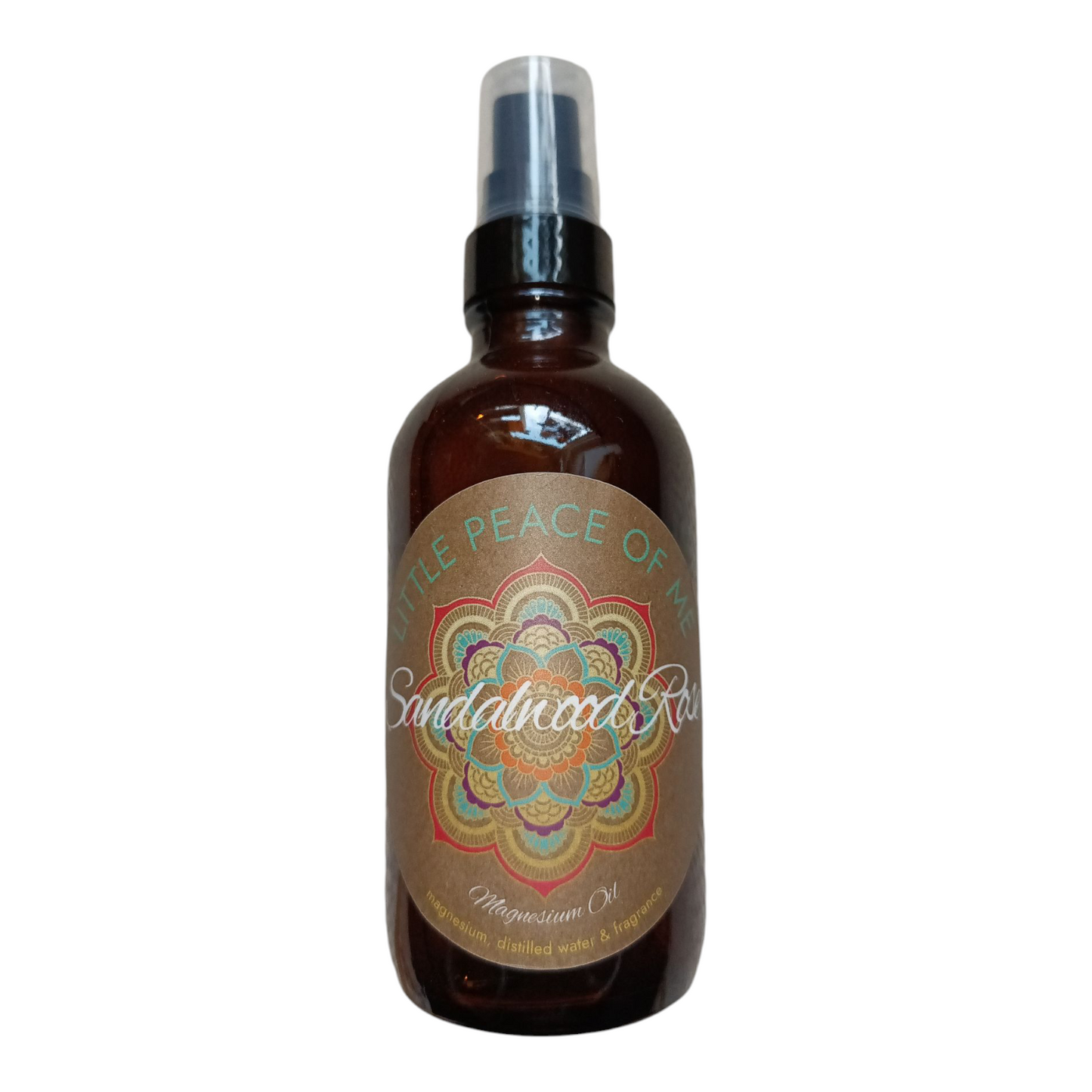 4 oz Boston spray bottle darken color with a tan label that reads Little piece of Me sandalwood Rose magnesium oil on a white backdrop