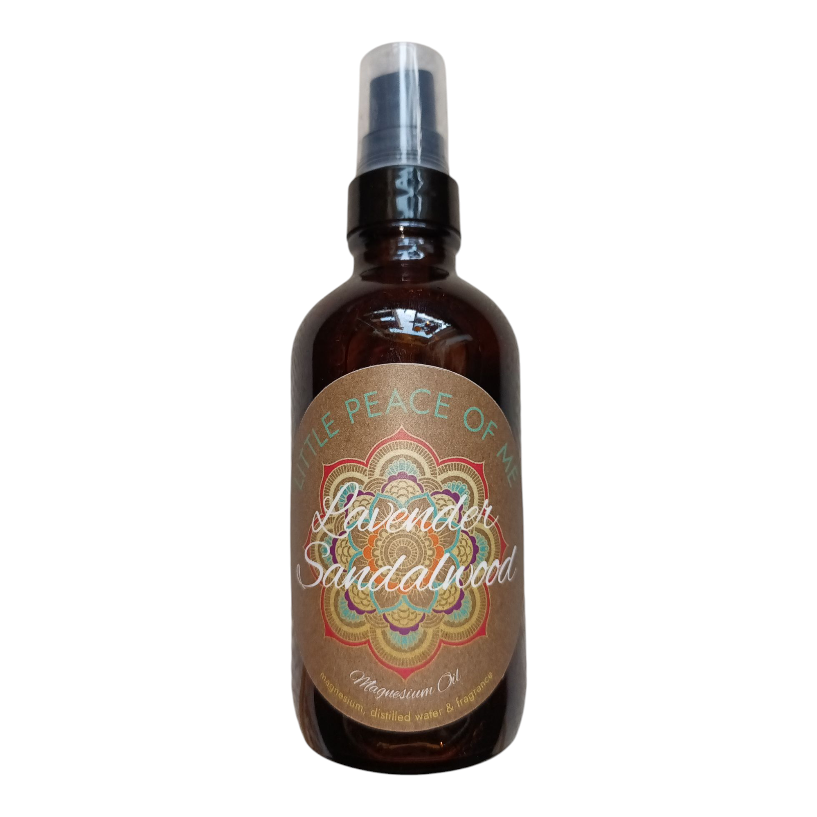 4 oz dark Boston spray bottle with a tan label that's reads Little piece of Me lavender sandalwood magnesium oil on a white backdrop