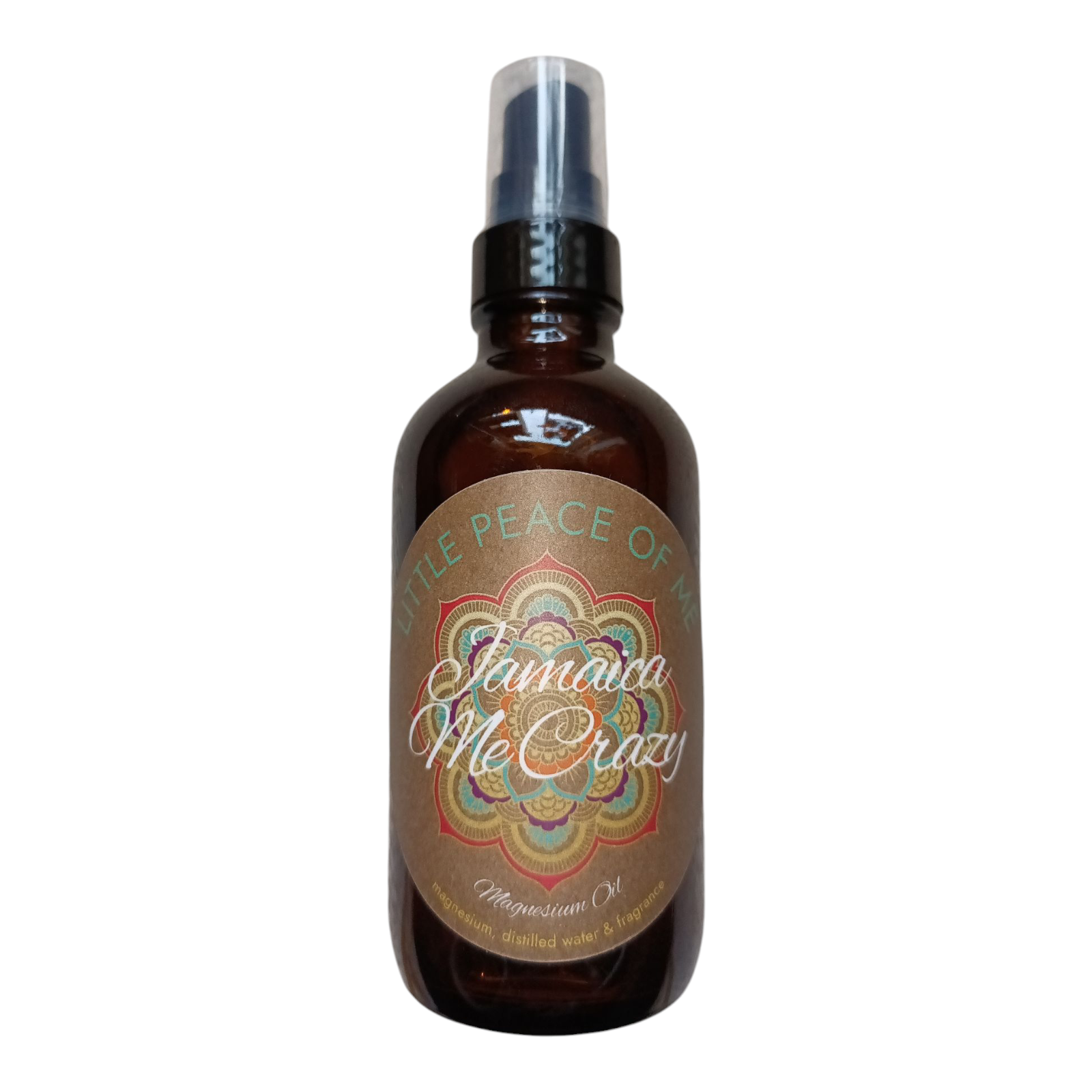 4 oz Boston dark spray bottle with a tan label that reads a Little piece of me Jamaican Me Crazy magnesium oil bottle is sitting on a white backdrop