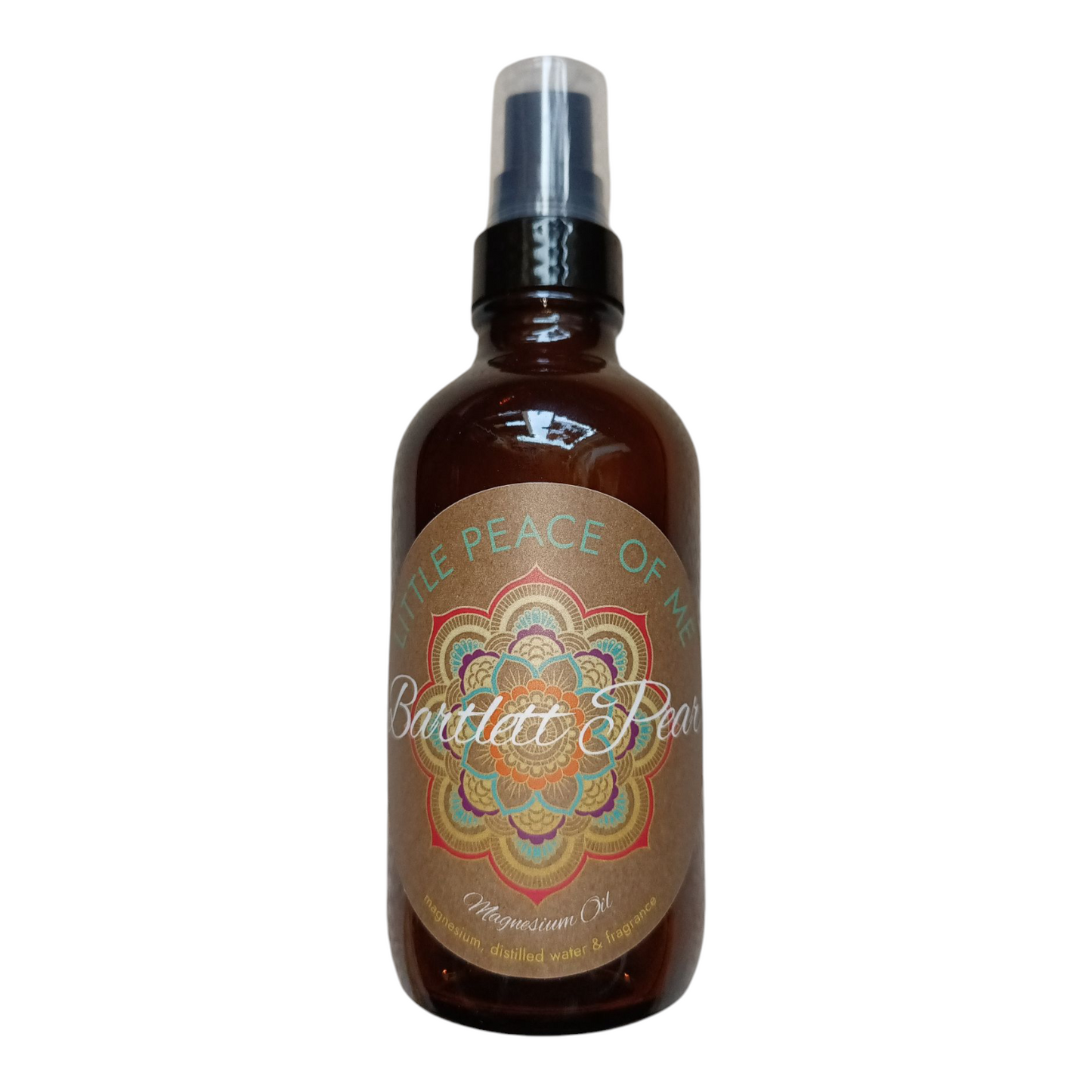 4 oz glass Boston spray bottle with a brown label that reads Little piece of Me Bartlett Pear magnesium oil displayed in a white backdrop