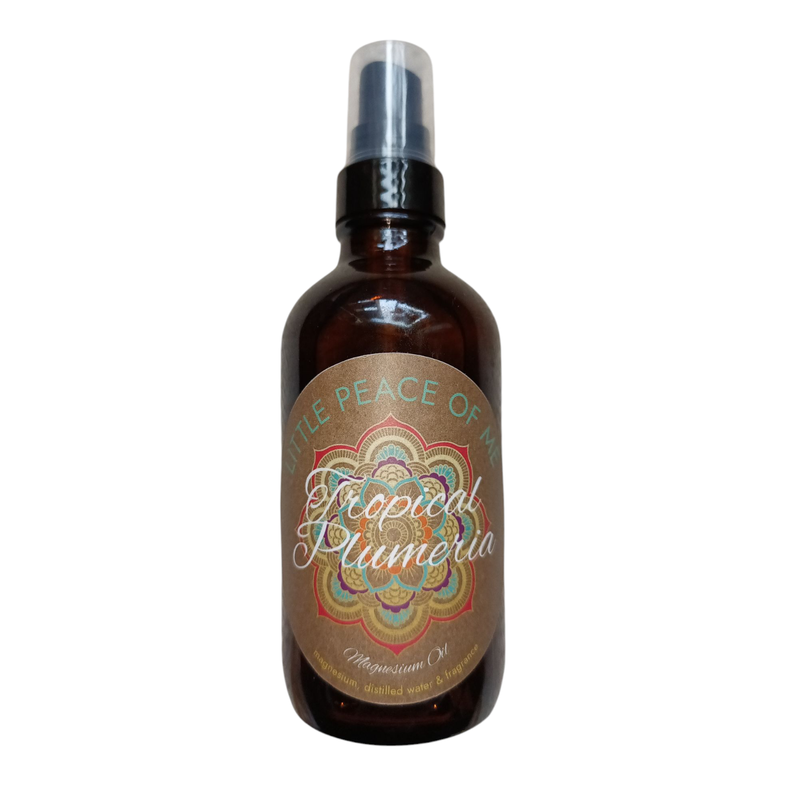 4 oz glass bottle dark in color with a tan label that reads Little piece of Me tropical Plumeria magnesium oil on a white backdrop
