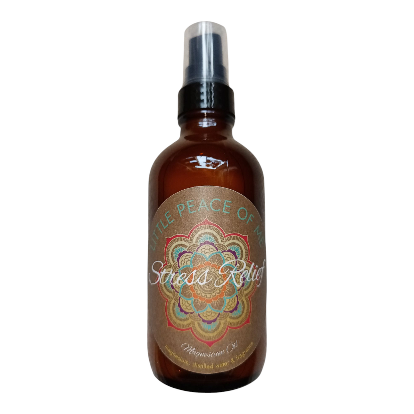 4 oz Brown Boston spray bottle with the logo that's tan this is Little piece of Me stress relief magnesium oil