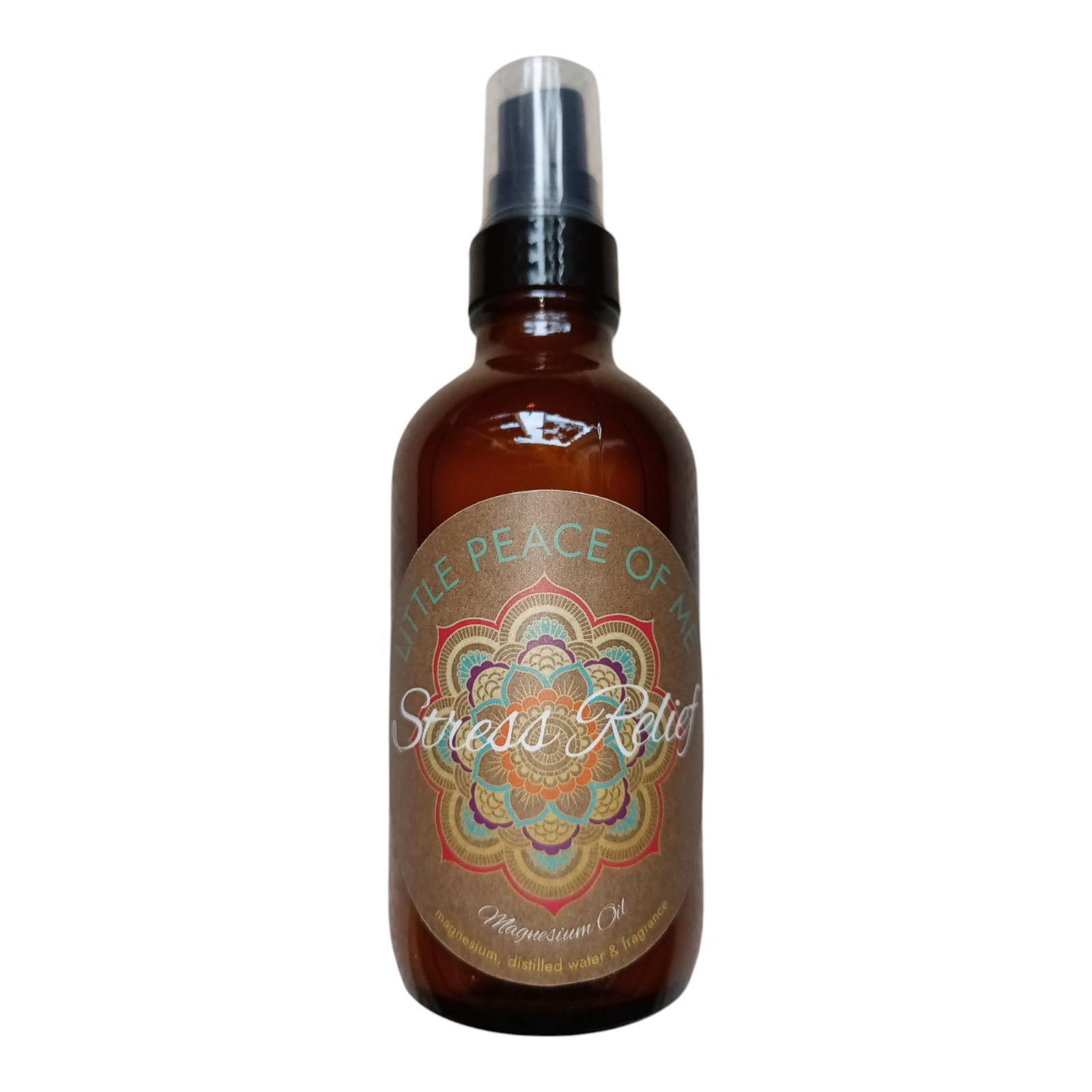 4 oz Brown Boston spray bottle with the logo that's tan this is Little piece of Me stress relief magnesium oil