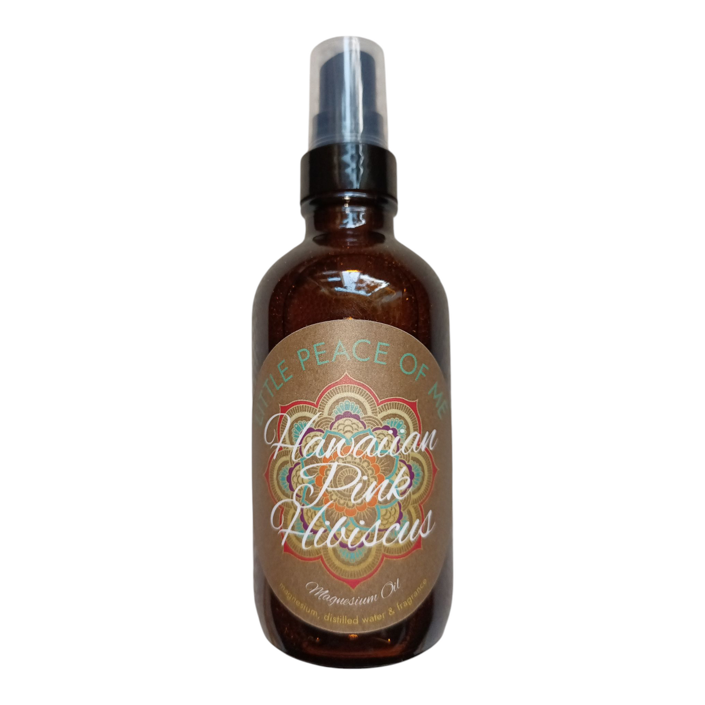 4 oz Brown Boston spray bottle with a tan label that reads little piece of knees Hawaiian pink hibiscus magnesium oil on a white backdrop