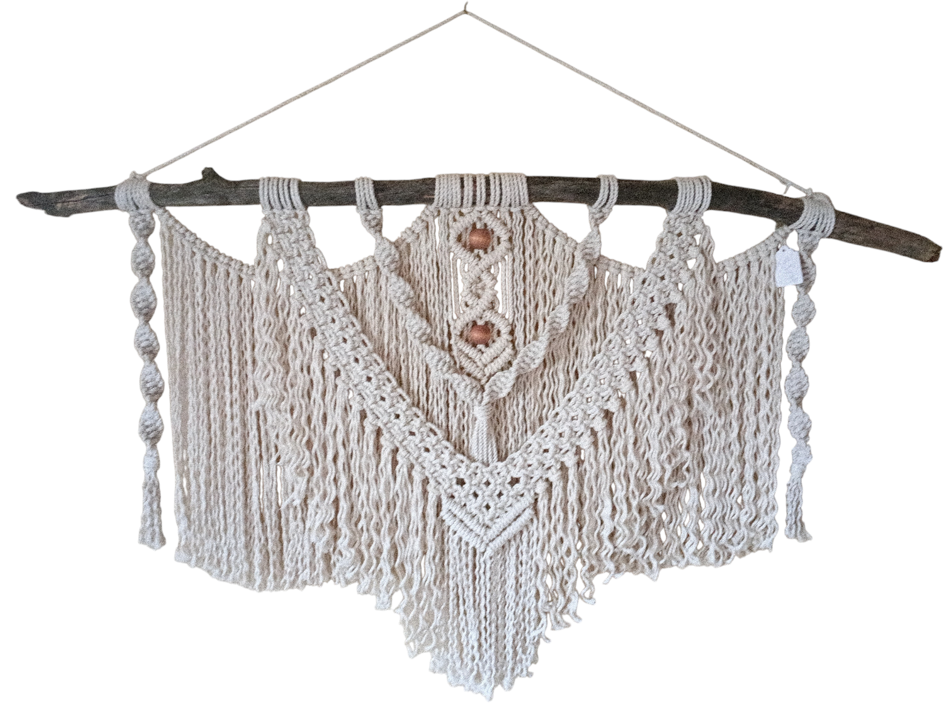 Handcrafted Bohemian wall hanging with intricate macramé patterns, 48 inches in length and 27 inches in height, designed to add warmth, texture, and a free-spirited touch to your space. White wooden rod with beads