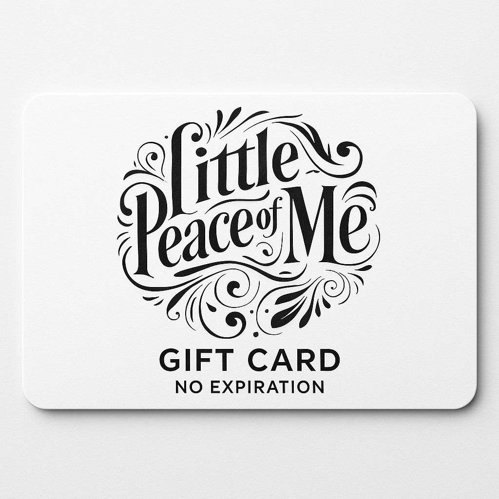 Picture of a gift card that has a logo of little piece of me it also says gift card no expiration on a white background