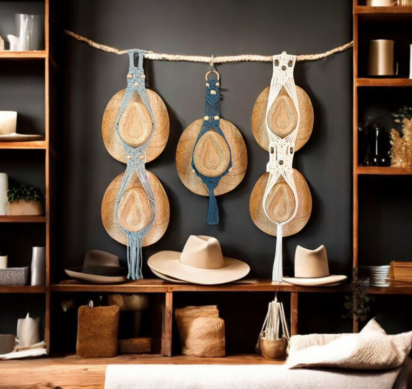Three macrame hat hangers all hanging off a piece of adrift wood on a black wall alongside of those is too light wooden shelves systems that go up the walls that are holding decorations candles books underneath the macrame hat hangers is a small bench that's holding baskets hats in a small carpet view of a small nook area