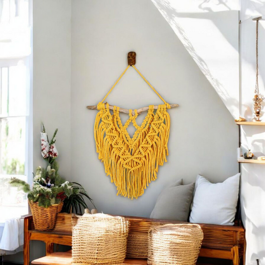 Macrame wall hanging with driftwood