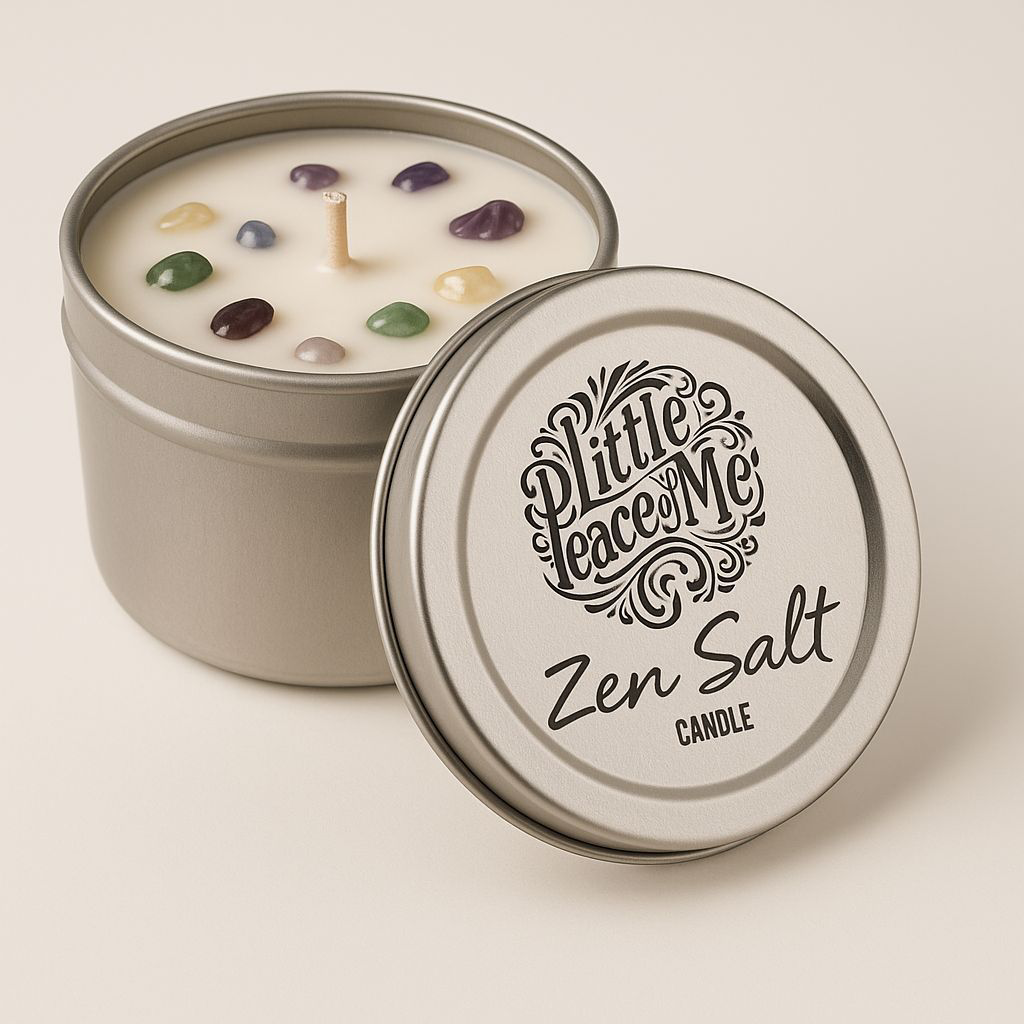 5 oz candle with little stones of purple greens and pinks laying in the wax lid against the side with the logo little piece of me that reads the Zen Salts candle sitting on a white backdrop with a light shadow
