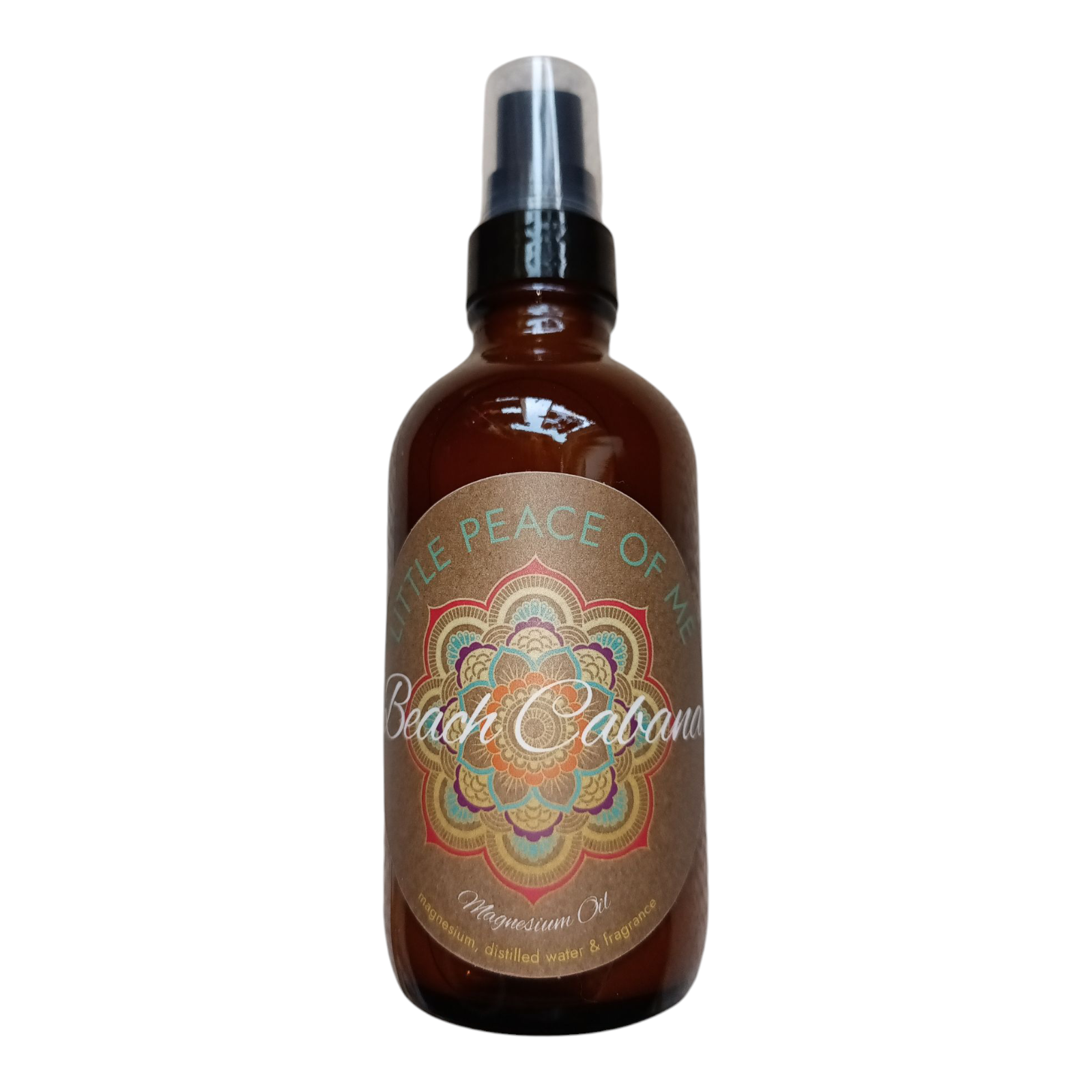 4 oz Brown spray Boston bottle with a tan label that reads little piece of knees Beach Cabana magnesium oil on a white background