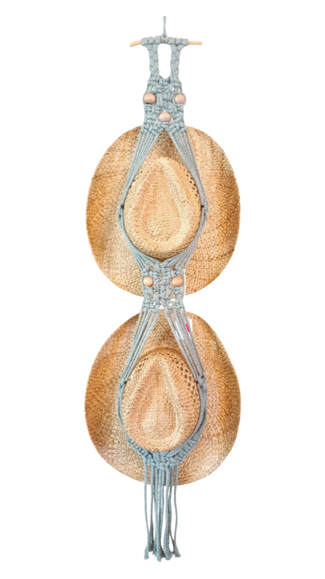 Handcrafted Boho Hat Hanger in woven macramé style, designed to store hats and add a decorative touch to your space. Holds two hats. HAT NOT INCLUDED. Mint green with beads holds two hats