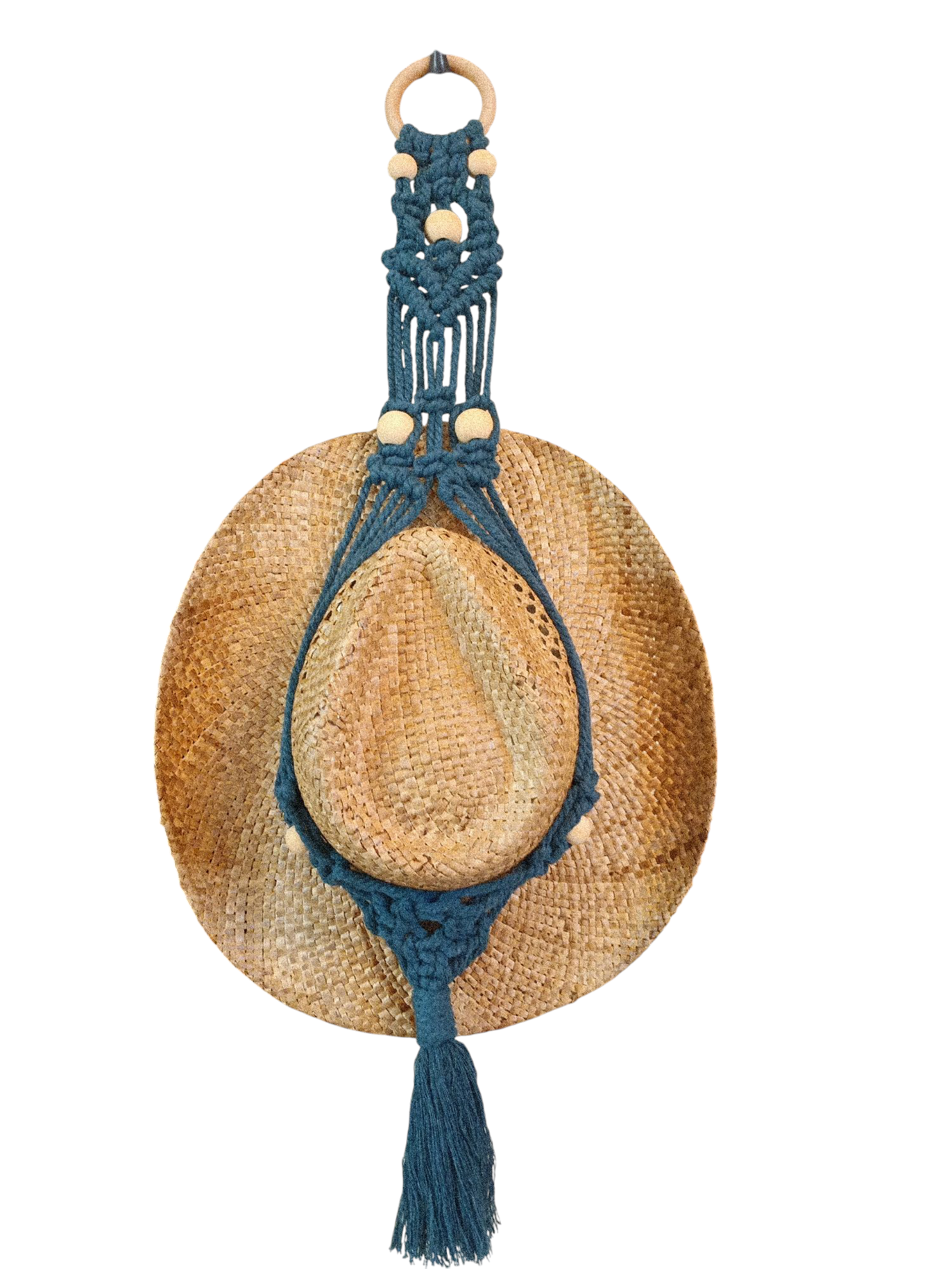 Handcrafted Boho Hat Hanger in woven macramé style, designed to store hats and add a decorative touch to your space. HAT NOT INCLUDED. Dark green with beads holds one hat