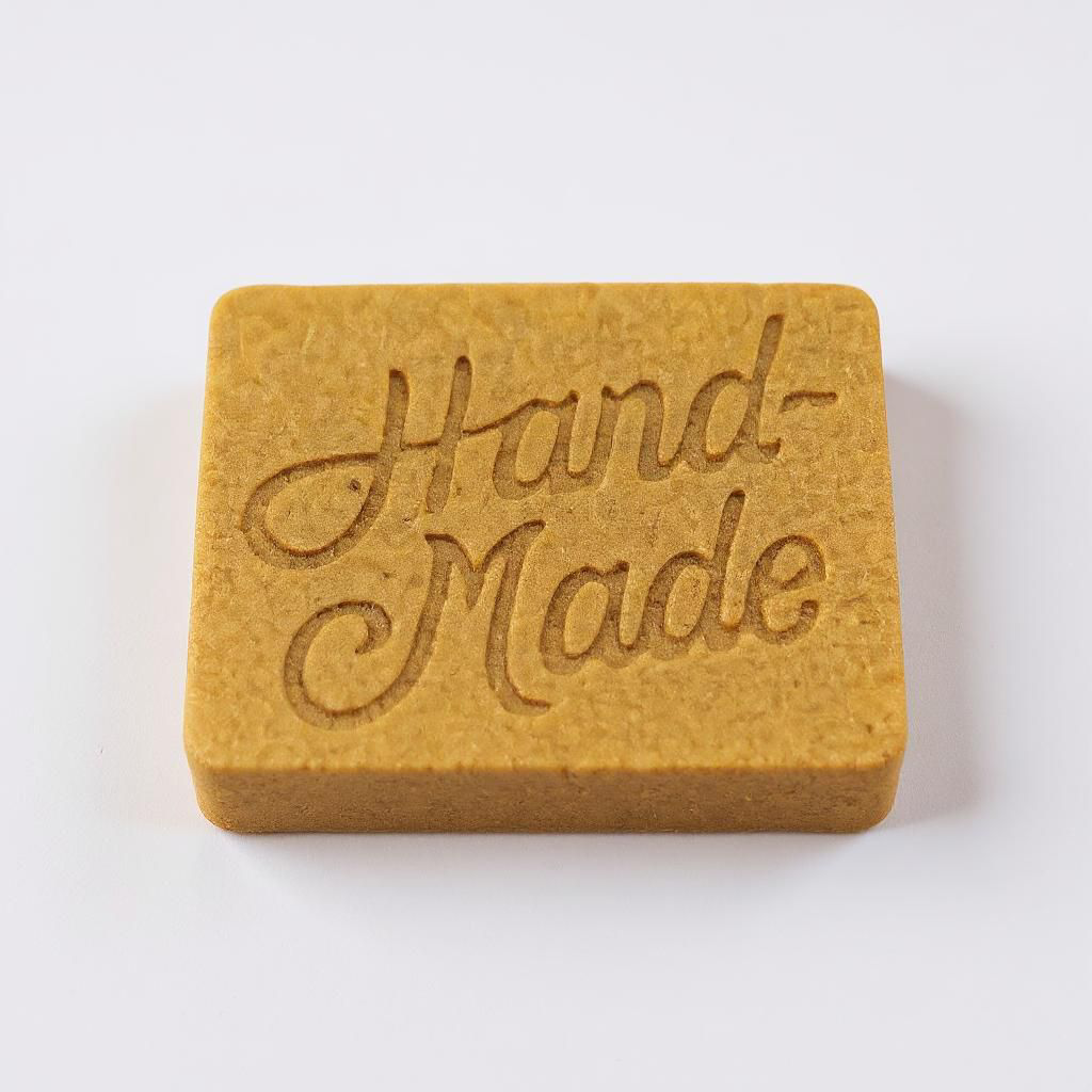 A soap bar orangish brown and tint with some speckles in it so breeds handmade on a white background with a light shadow