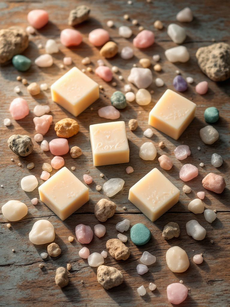 Five wax Mount squares peach and color laid out on a table with a bunch of different colored stones and rocks delicate Lee laid around the wax melts on a wooden backdrop table
