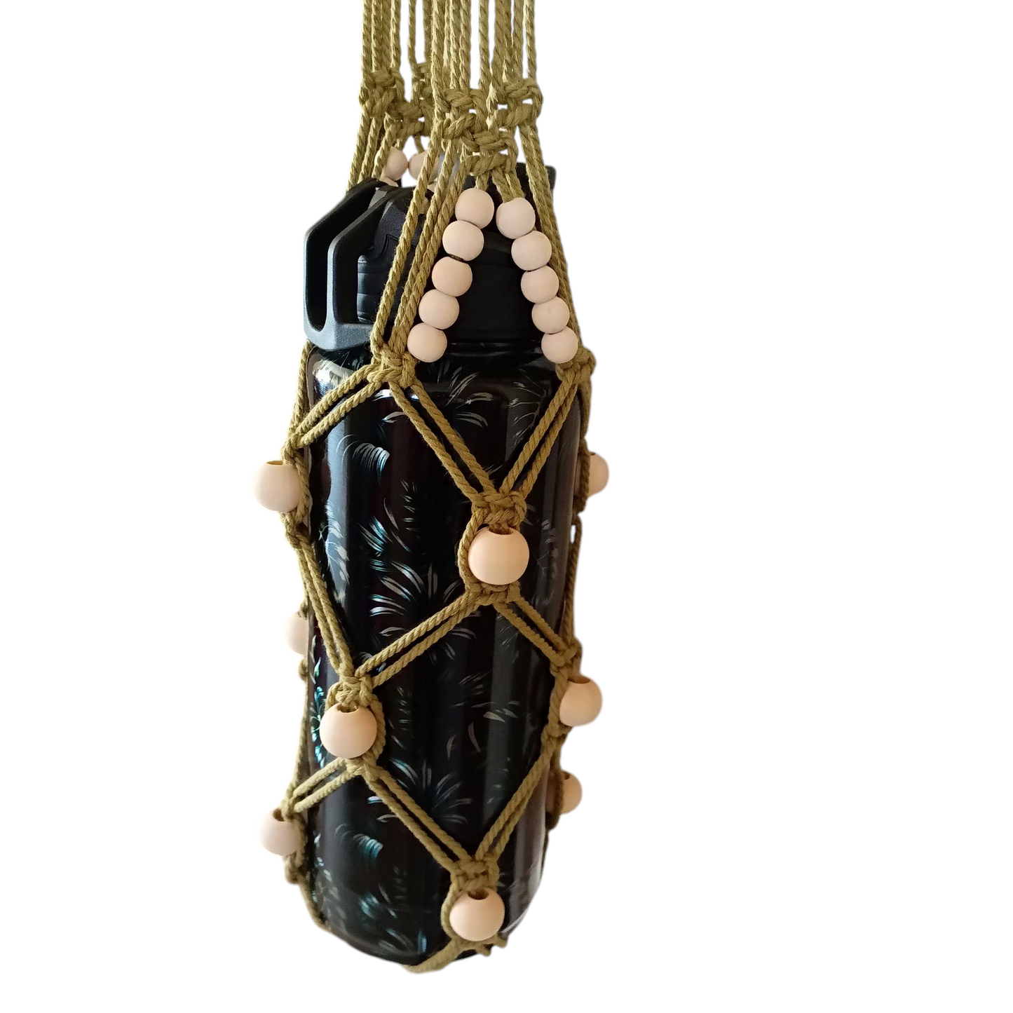 Handcrafted Boho Water Carrier in macramé, designed to fit bottles from 8 oz to 32 oz, with adjustable strap lengths for comfort and style. Perfect for hands-free hydration. Olive green with some beads