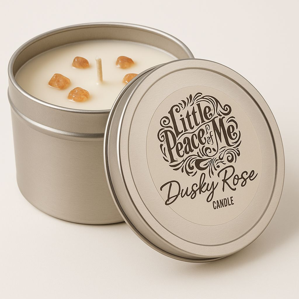 Zoomed up close photo of a candle that's tin container that holds wax with some pink stones lidlings against the side that reads the logo little piece of me Dusty Rose candle