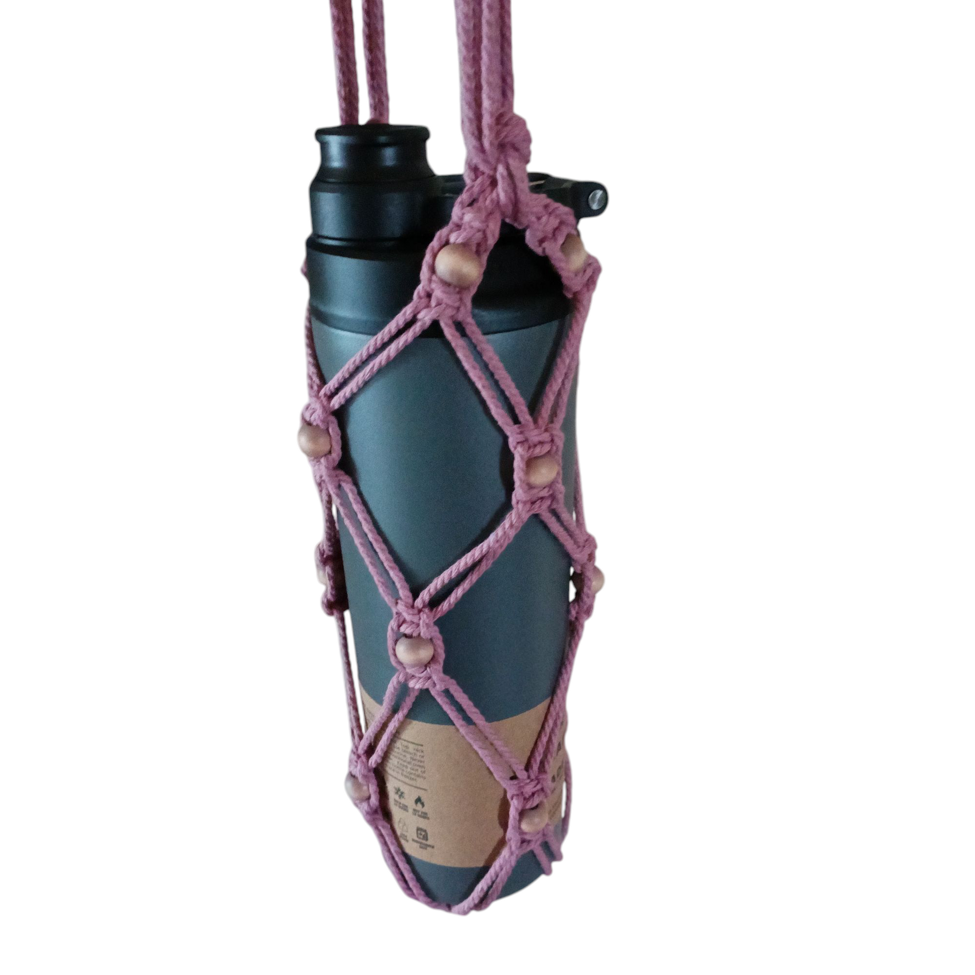 Handcrafted Boho Water Carrier in macramé, designed to fit bottles from 8 oz to 32 oz, with adjustable strap lengths for comfort and style. Perfect for hands-free hydration. Pink with some beads