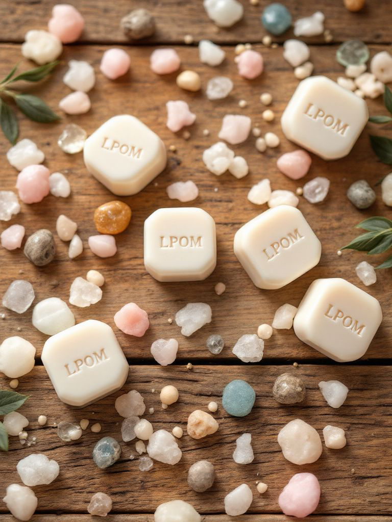 Laying on a piece of wood panels displays candle wax melts that read LPOM with different colored stones and crystal rocks laying all around them a couple of little greeneries around the edge
