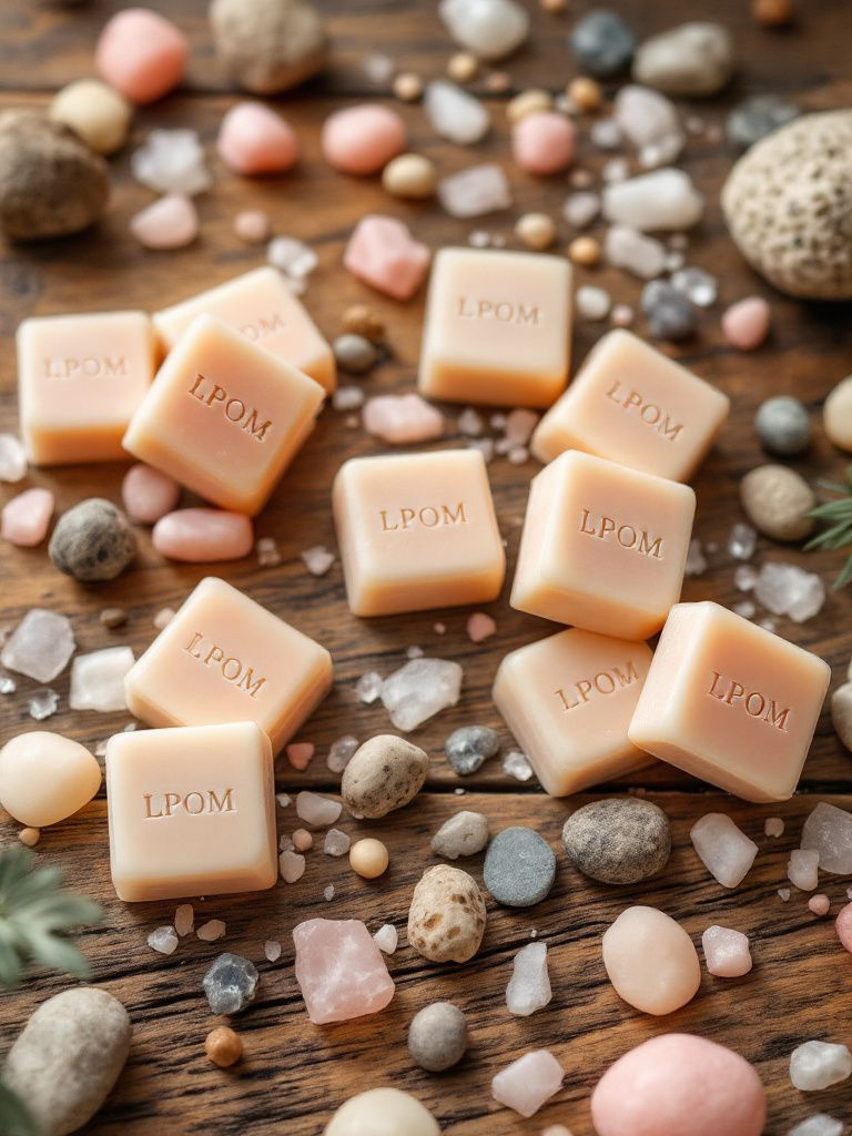 Peach colored little chunks of wax melt stamped with the logo LPOM scattered out on a wooden backdrop with different colored stones and crystals laying out around the wax melts on a table