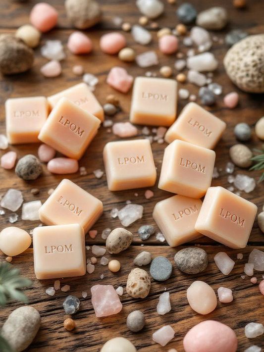 Peach colored little chunks of wax melt stamped with the logo LPOM scattered out on a wooden backdrop with different colored stones and crystals laying out around the wax melts on a table