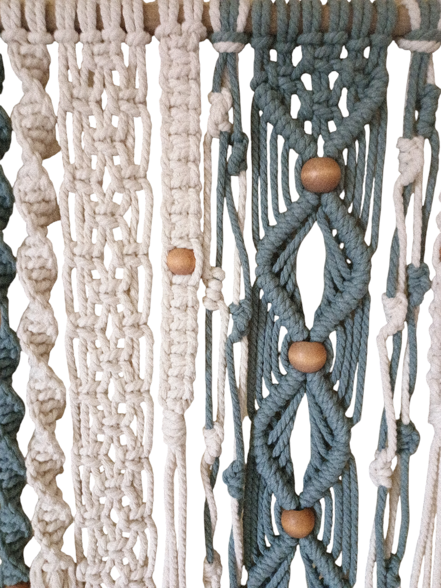 Handcrafted Bohemian wall hanging with intricate macramé patterns, 36 inches in length and 28 inches in height, designed to add warmth, texture, and a free-spirited touch to your space. Closer up the image green white with beads a very up close so you can see the intricate details