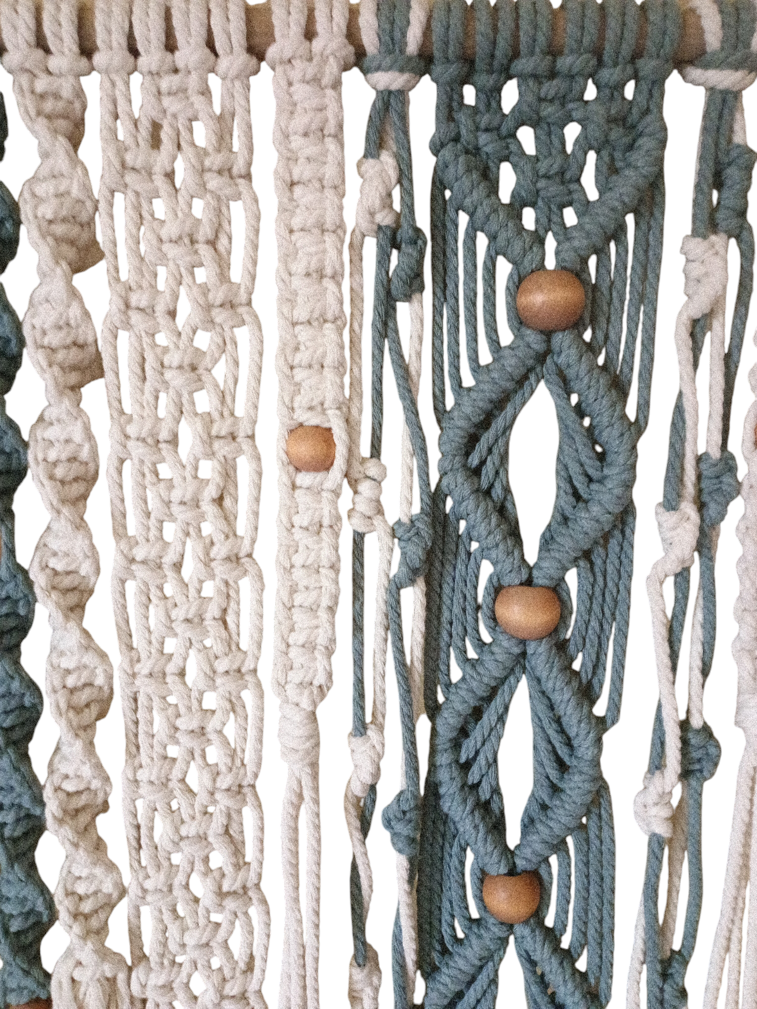 Handcrafted Bohemian wall hanging with intricate macramé patterns, 36 inches in length and 28 inches in height, designed to add warmth, texture, and a free-spirited touch to your space. Closer up the image green white with beads a very up close so you can see the intricate details