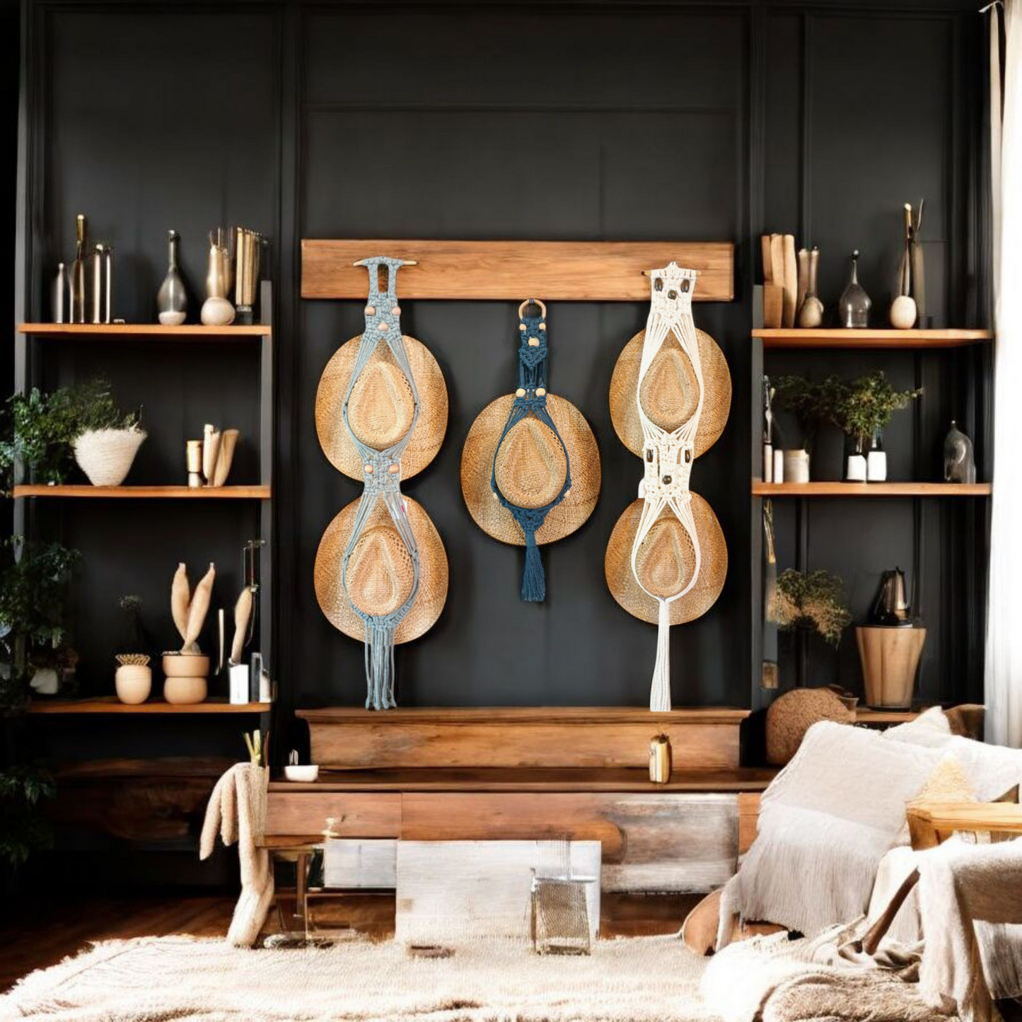 Three macrame wall Pat wall hangings hanging on a piece of wood that's attached to a large wall with two shelves down both sides that have different decorations on them underneath the wall hangings is a small bench with some blankets hanging off of them small chair to the right with a carpet along the floor