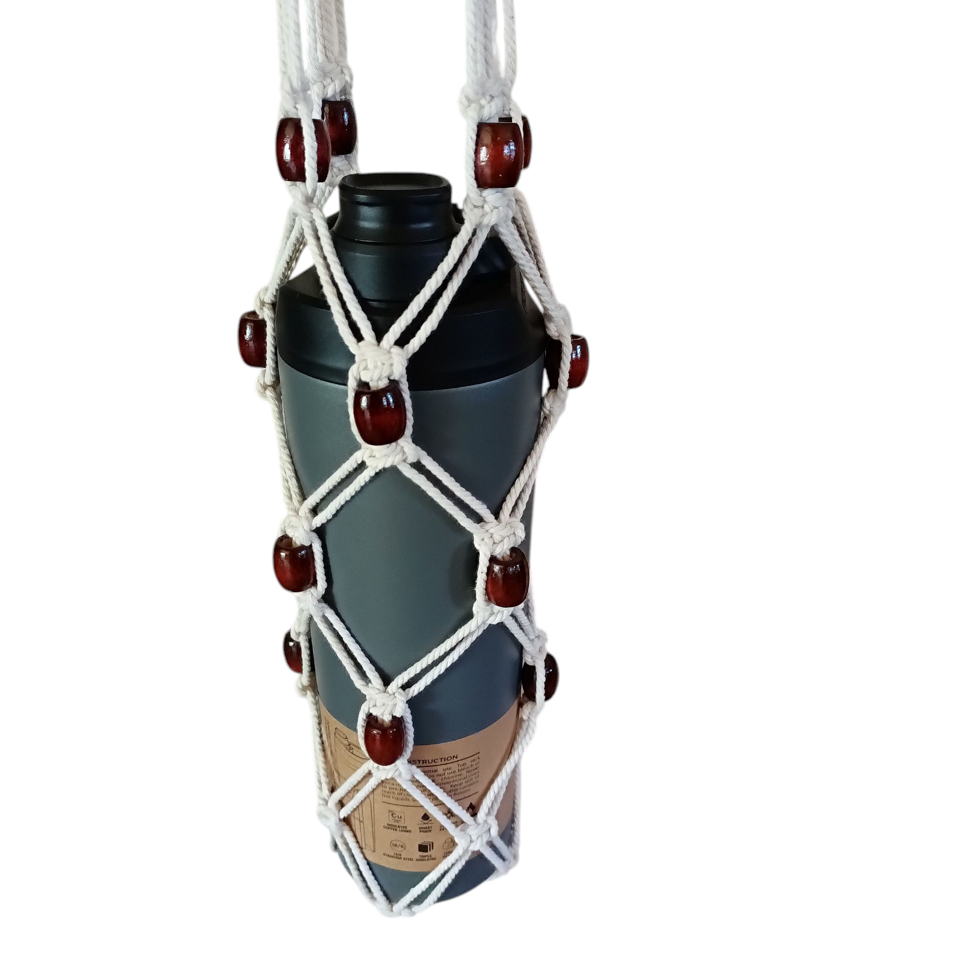 Handcrafted Boho Water Carrier in macramé, designed to fit bottles from 8 oz to 32 oz, with adjustable strap lengths for comfort and style. Perfect for hands-free hydration. White with some dark beads