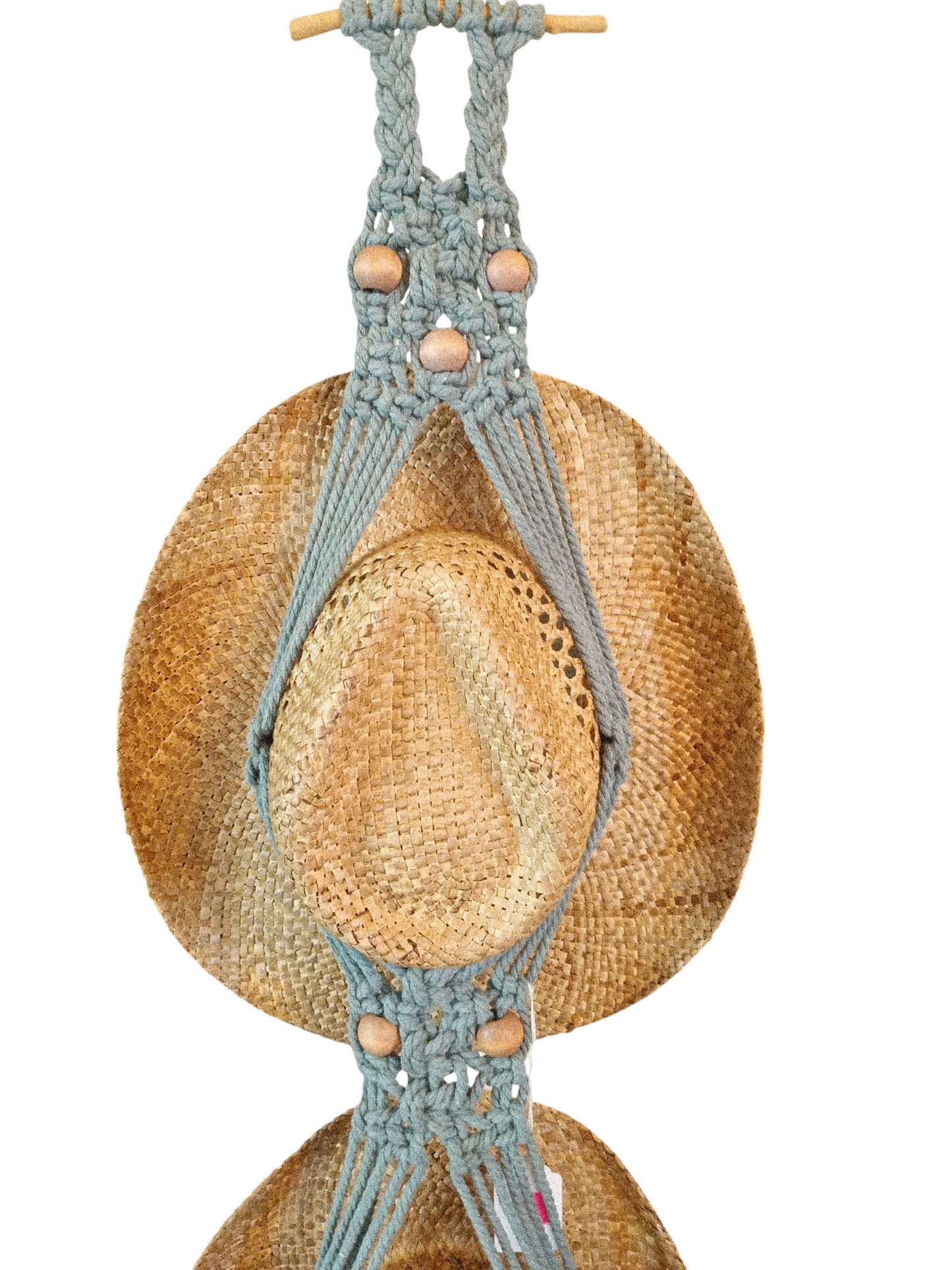 Handcrafted Boho Hat Hanger in woven macramé style, designed to store hats and add a decorative touch to your space. Holds two hats. Mint green brown beads. HAT NOT INCLUDED.