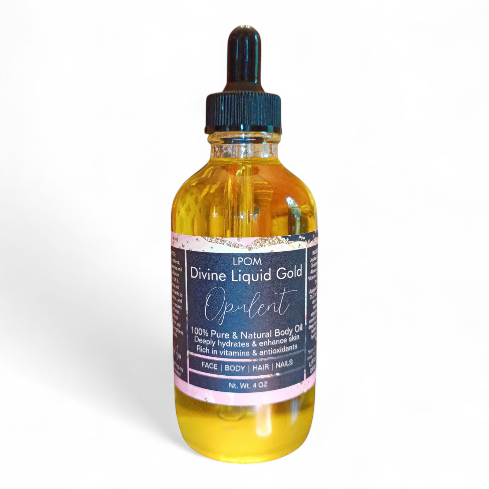 4 oz glass dropper bottle with pink and black label that reads Divine Liquid Gold body oil Opulent sits in a white background with a light shadow