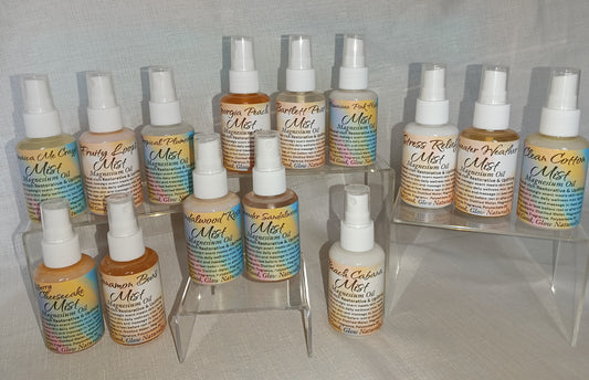 2oz clear spray bottle labeled magnesium spray, placed on a neutral background