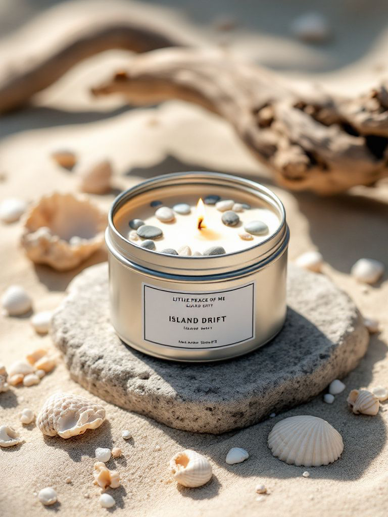 Centered is a 10 can that holds wax with little Earth tone stones delicately laid inside the wax label reads little piece of me Island drift it's sitting on a stone that's laying in the sand with seashells and Stones delicately laid around with two pieces of Driftwood in the back drop