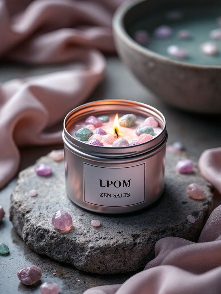 5 oz tin container that holds wax with green and purple and pink stones in the top The candle is lit with a label that reads lpom is Zen Salts laying on a dark stone that's flat in the backdrop is some pink silk running along the table side there's a bowl with some liquid and stones in it and there's pink and purple and green Steve glass stones enterically laid around the candle