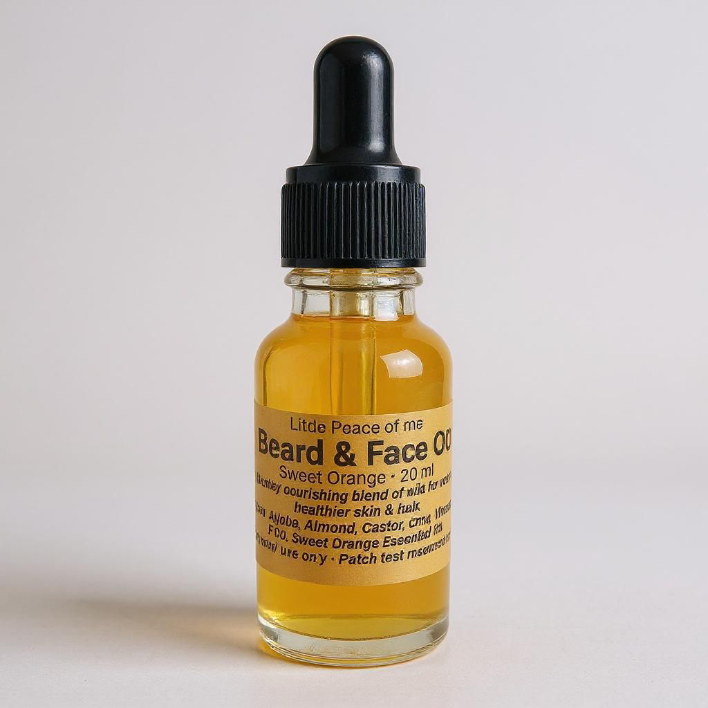 Little dropper bottle with gold and liquid on a white background with a medium Shadow to the side with the label on the bottom that reads beard and face oil