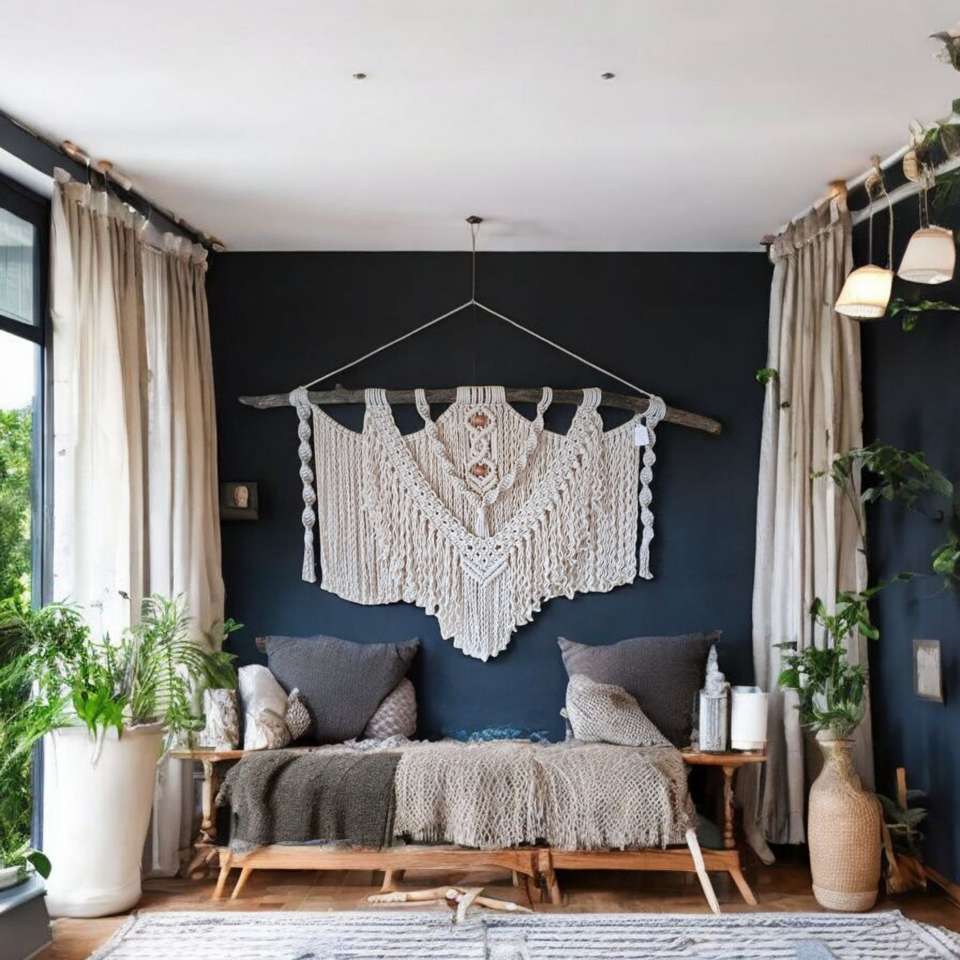 A large macrame wall hanging with white intricate nodding with strings hanging down giving it Bohemian look hanging on a large piece of driftwood hanging on a wall that is dark with wood trim running along the ceiling a few pillows underneath it with some decorations and candles plants running up the wall on both sides there are windows on both sides plants in the corner a little sofa area with wooden legs zoomed out picture to see the whole room with a nice carpet laying on the floor