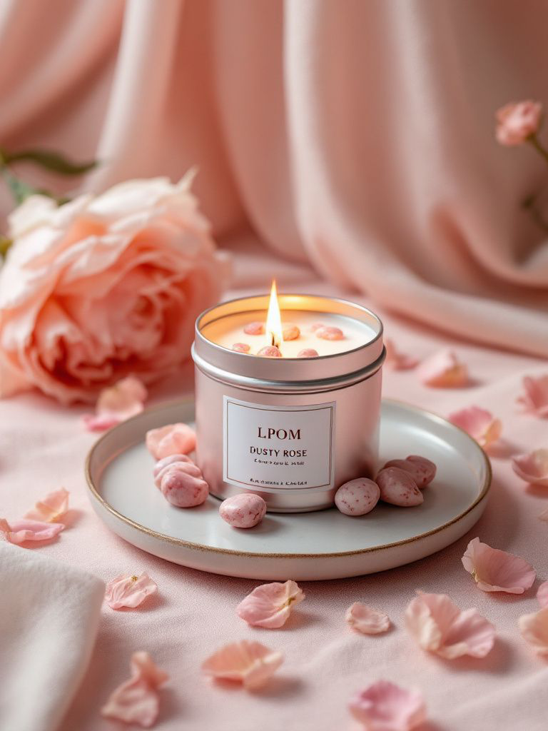 Centered in the center is a tin container holding wax with pink stones in the wax in The candle is lit that reads a label LPOM Dusty Rose wrestling on a porcelain plate with a gold trim pink rocks laying around the candle set on a pink fabric backdrop with a rose laying to the side that's pink with some soft lighting coming from the back side