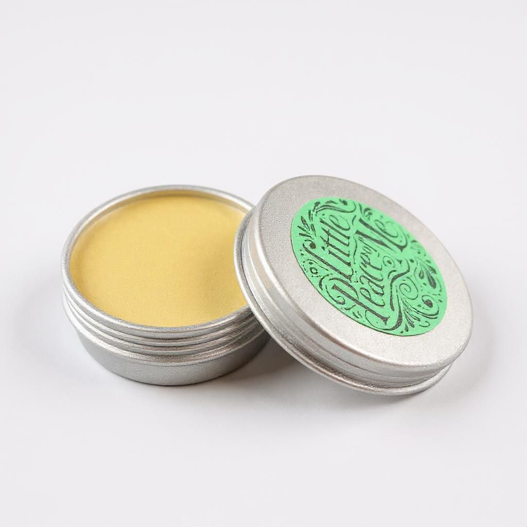 Lip balm size 10 with liquid bone inside the lid is leaning on part of the side with a little green label that reads Little piece of Me 10 is sitting on a white background with a light shadow