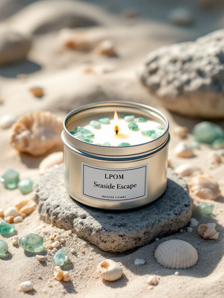 Tin can candle holder filled with wax with green stones inside label reads LPOM Seaside escapes laying on a wooden flat stone in the sand seashells green sea glass and other rocks lay on top of the sand sun shining down