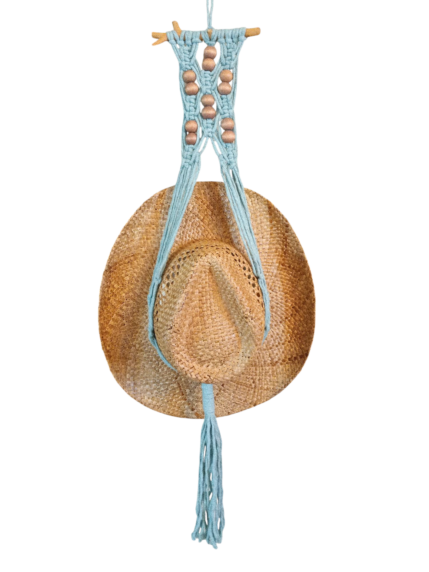 Handcrafted Boho Hat Hanger in woven macramé style, designed to store hats and add a decorative touch to your space. HAT NOT INCLUDED. Mint green with beads holds one hat