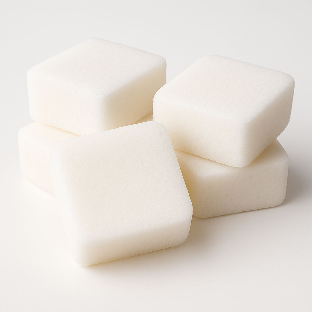 Five white squared wax melts with a light Shadow sitting on a white backdrop