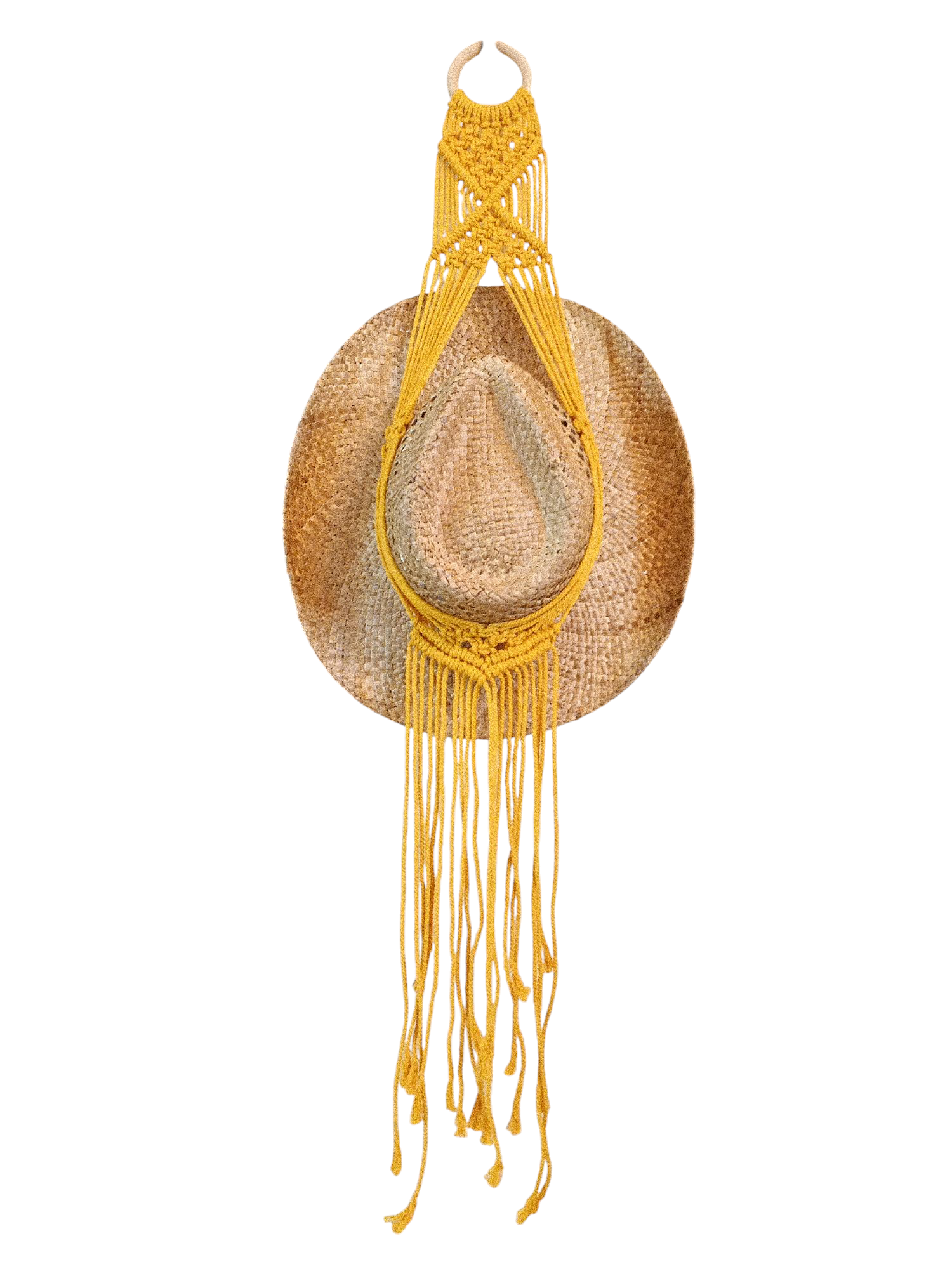 Handcrafted Boho Hat Hanger in woven macramé style, designed to store hats and add a decorative touch to your space. HAT NOT INCLUDED. Yellow holds one hat