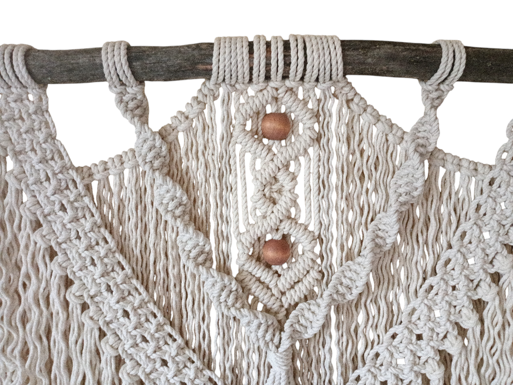 Handcrafted Bohemian wall hanging with intricate macramé patterns, 48 inches in length and 27 inches in height, designed to add warmth, texture, and a free-spirited touch to your space. Close up of white macrame with beads