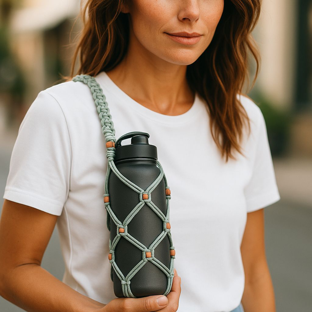 Zoomed in look of a lady walking down the street she's wearing a white shirt holding in her hand on one side over her shoulder is a macrame bottle carrier she's holding it up in her hand to just play it it's holding a large water Black bottle