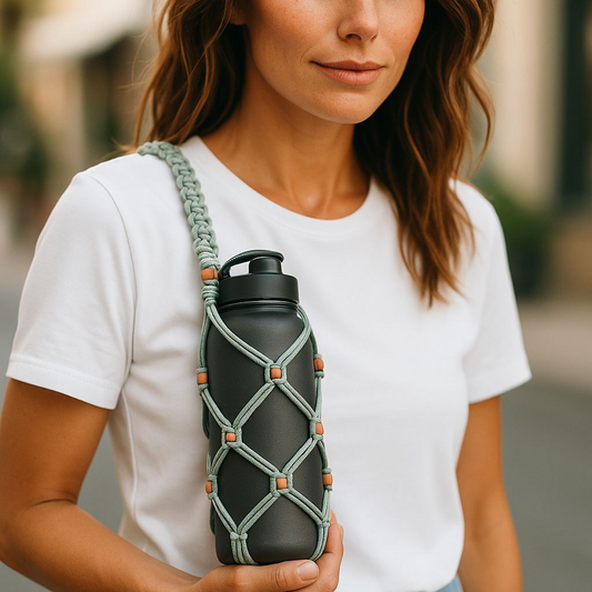 Zoomed in look of a lady walking down the street she's wearing a white shirt holding in her hand on one side over her shoulder is a macrame bottle carrier she's holding it up in her hand to just play it it's holding a large water Black bottle