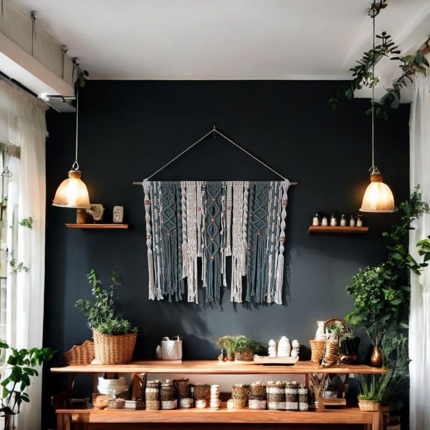 A dark tealish green and white macrame wall hanging intrically nodding strings hanging down off of a wooden rod hung on a wall backdrop has a couple of shelves with some decorations and a shelf below the wall hanging with a plant and some other decorations on a dark background wall also two lights coming down from the ceiling on both sides there's windows on both sides of the room a more zoomed out view from the last one