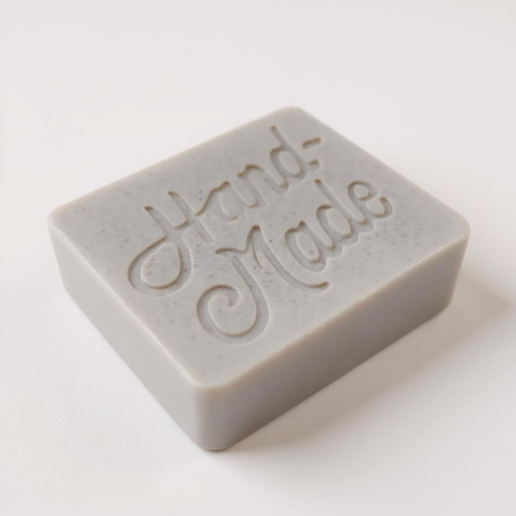 A square fresh bar of soap that says handmade on the top on a white background with a light shadow