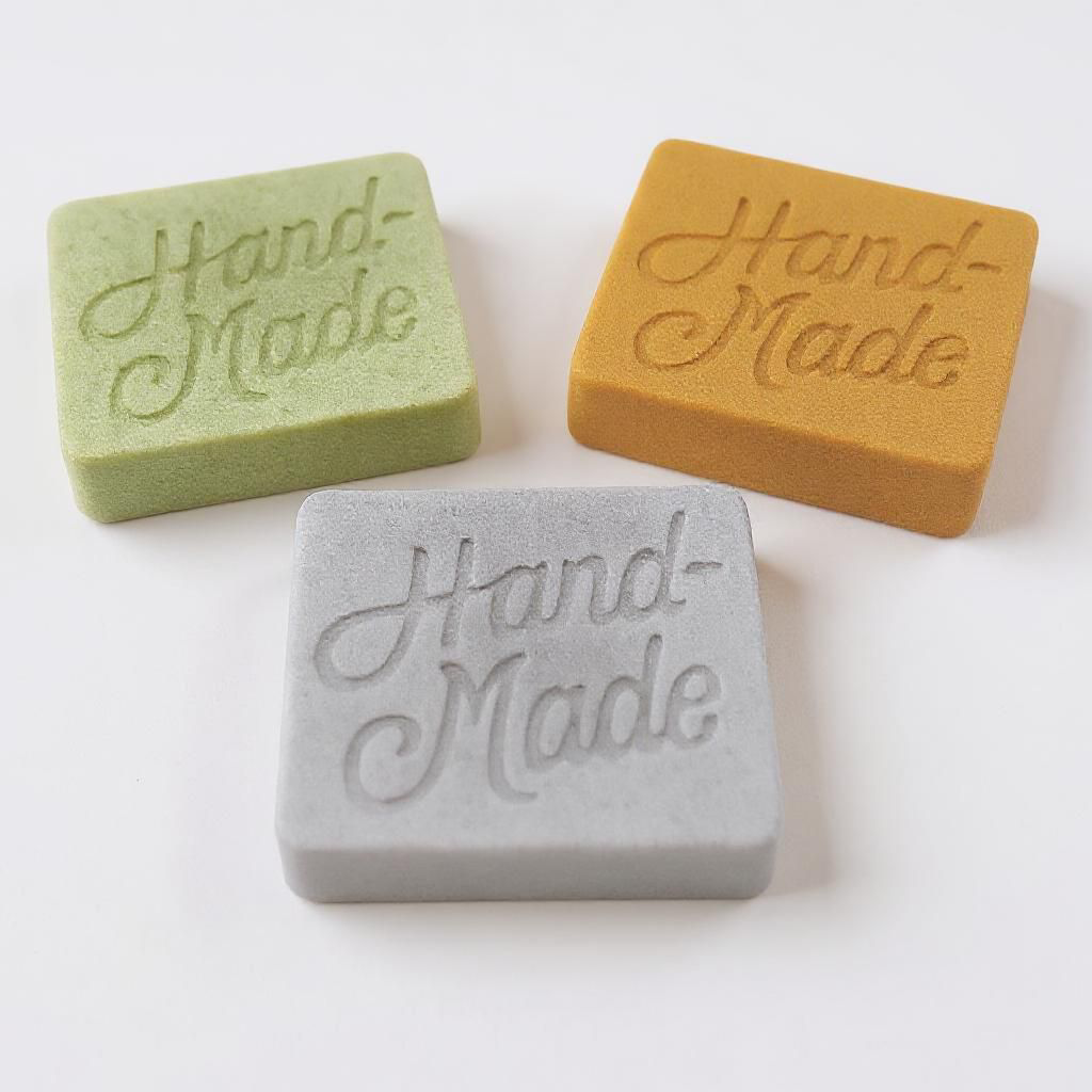 To soap bars one tinted green one tinted Gray on a white background both with paper Brown wrappings with labels